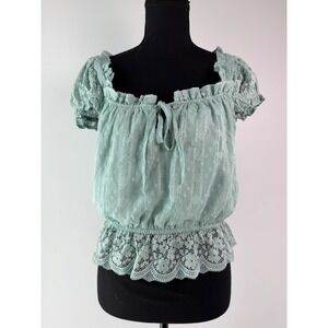 Boho Romantic Chic Peplum Top Haute Monde Sage Green Lace Metallic Stripe L
